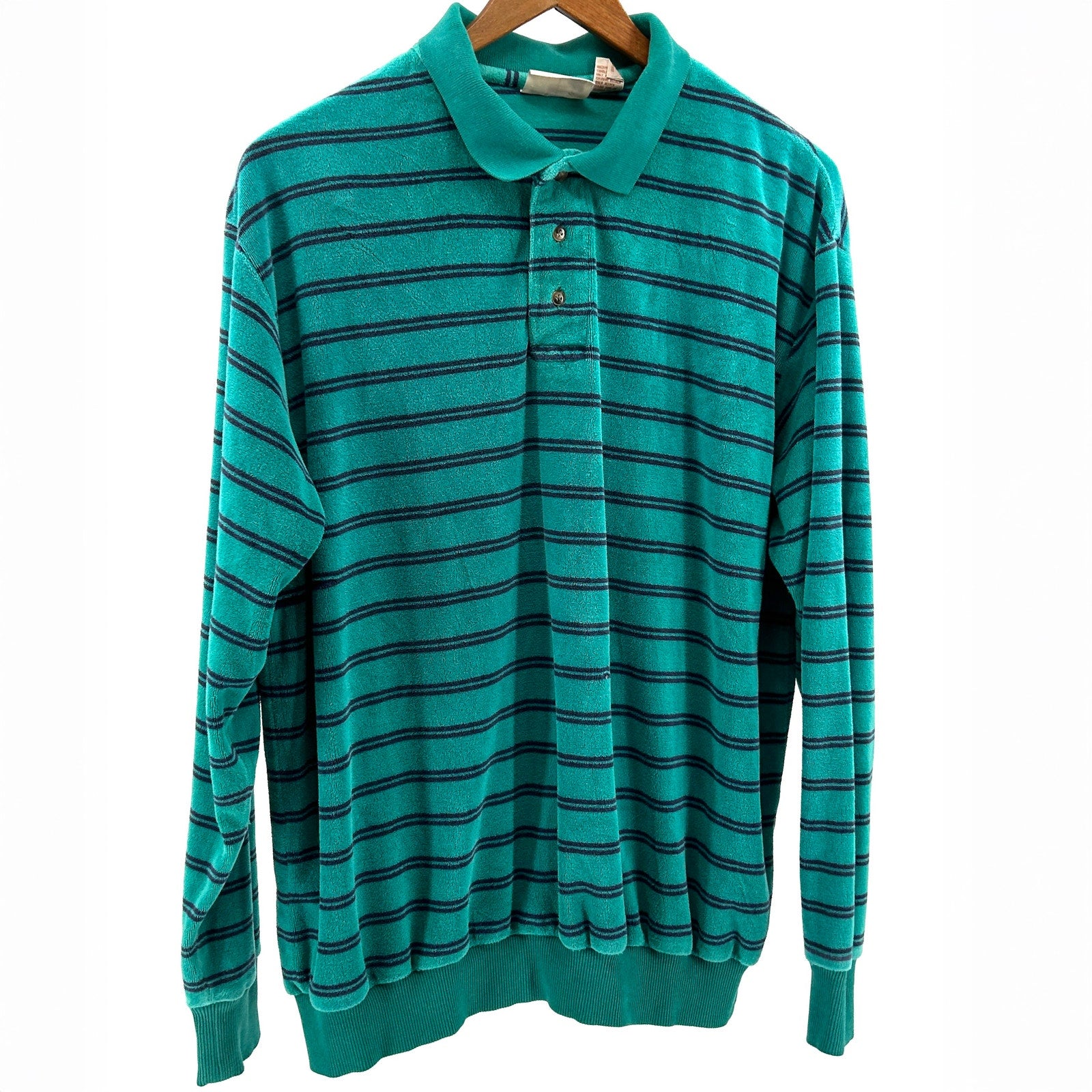 Vintage 80s Fox Collection Teal Navy Striped Velour Polo Shirt