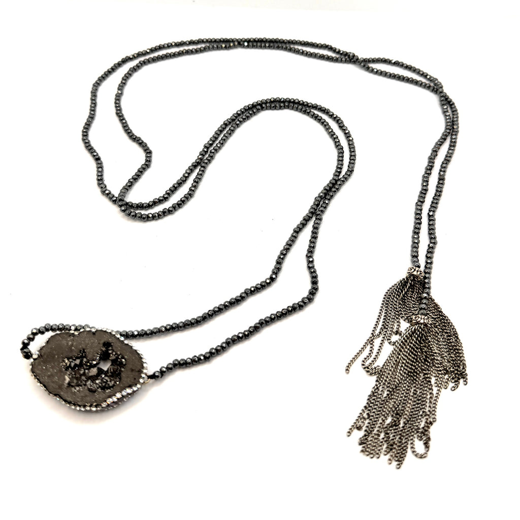 Black Onyx Druzy Abalone Gunmetal Boho Tassel Lariat Necklace