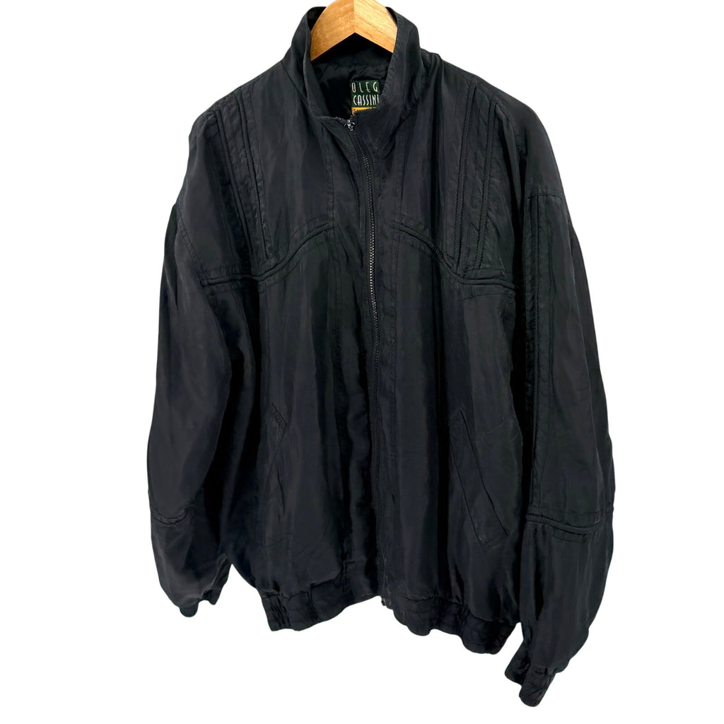 Vintage 90s Oleg Cassini Black 100% Silk Full Zip Track Bomber Jacket