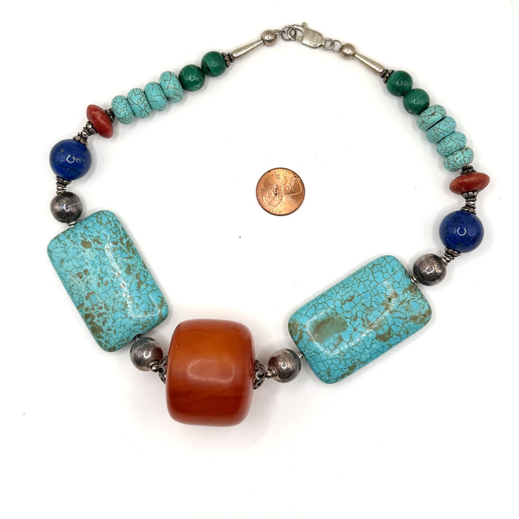 Vintage 90s Southwestern Sterling Turquoise Genuine Amber Necklace