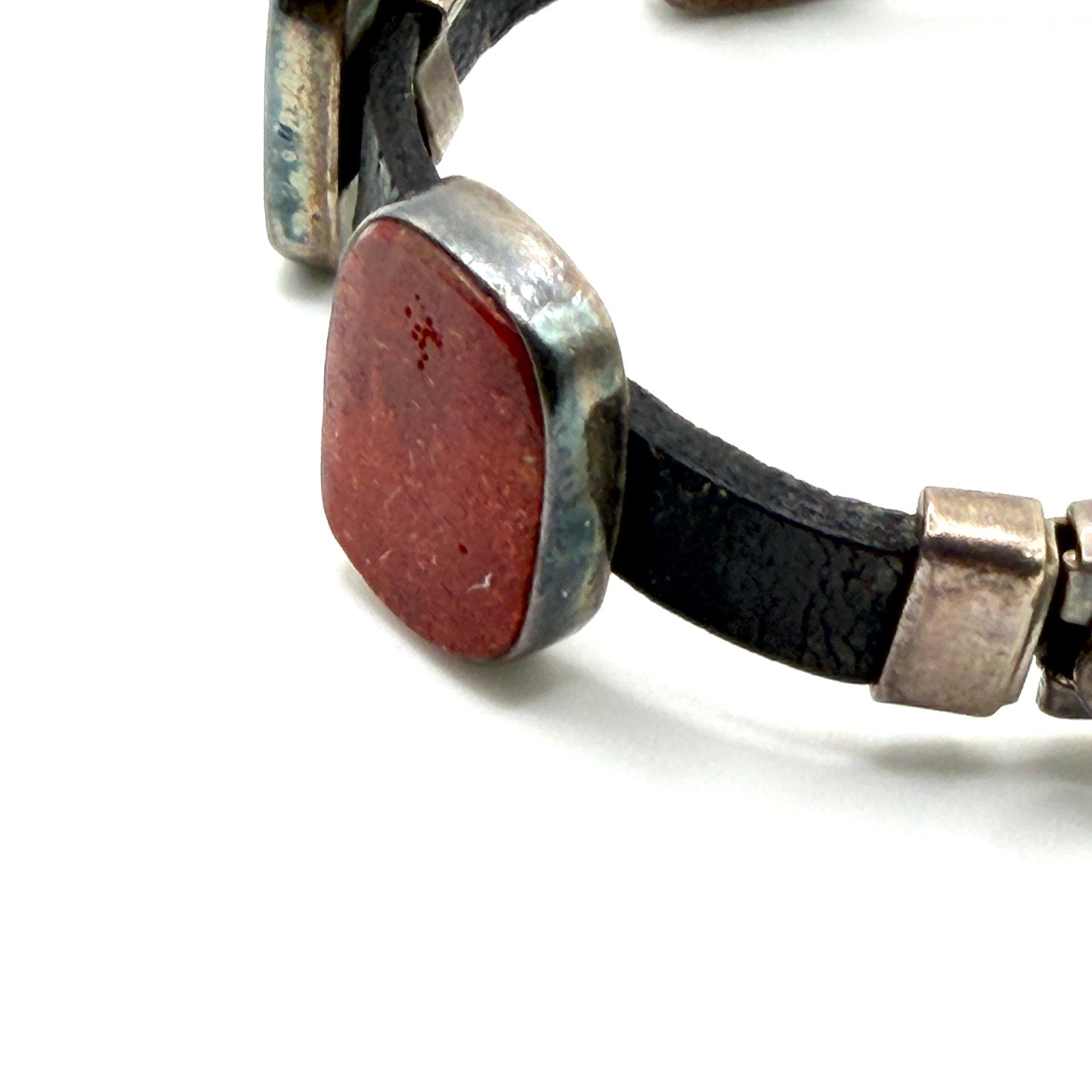 Vintage 90s Mexico Sterling Silver Red Coral Leather Panel Bracelet