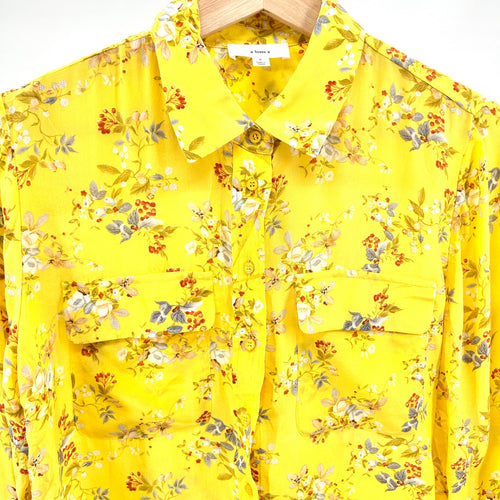 A Loves A Yellow Floral 100% Silk Boho Cottagecore Button Down Shirt