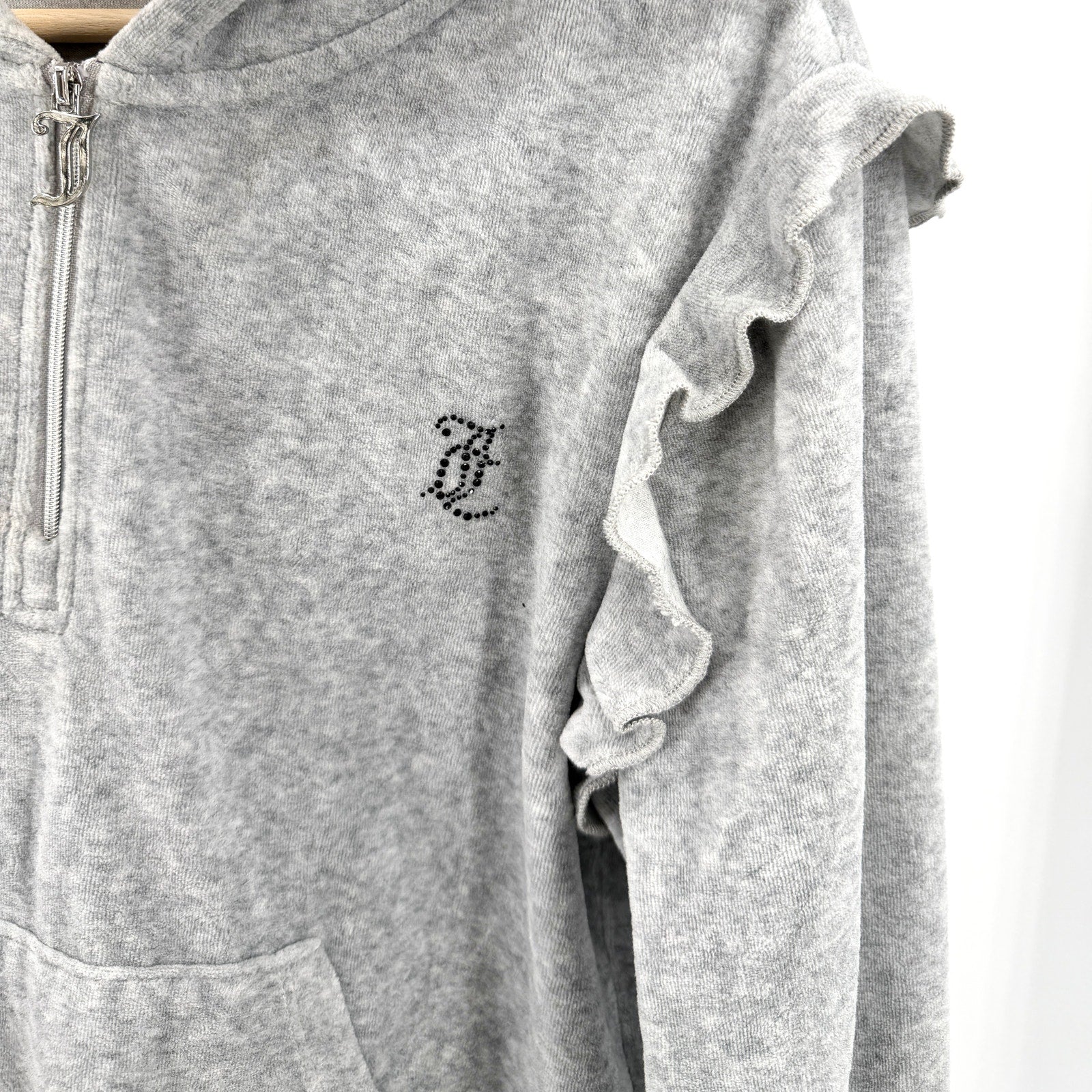 Juicy Couture Grey Velour Ruffle Cropped Half Zip Hoodie