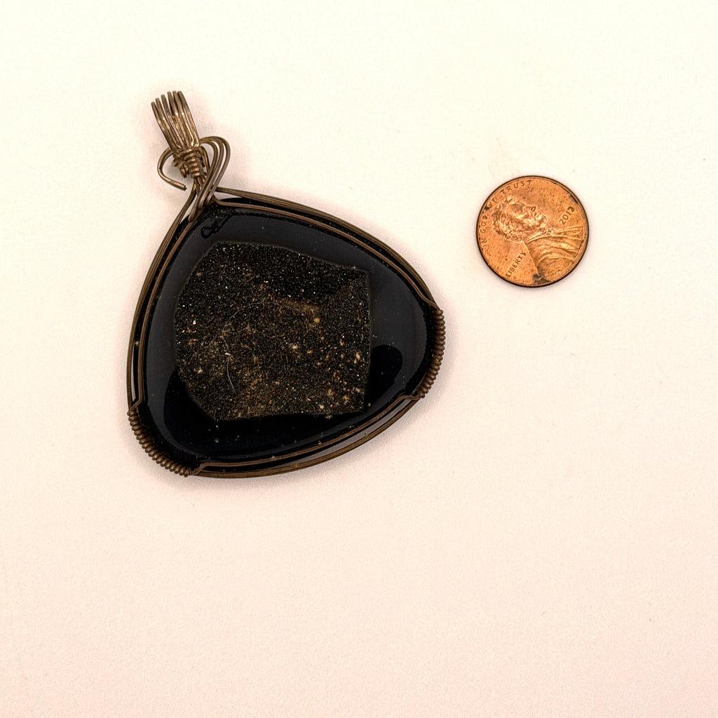 Vintage 90s Black Onyx Druzy Sterling Silver Wire Wrap Trillion Pendant