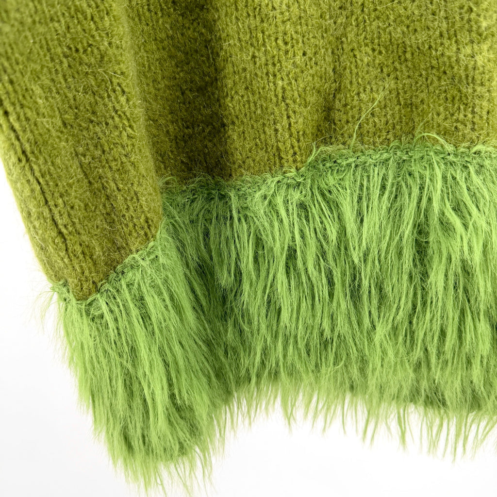 Vintage Italian Green Kid Mohair Wool Shaggy Faux Fur Trim Crop Sweater