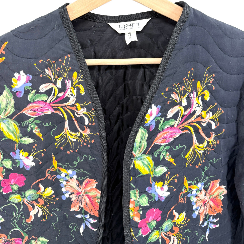 Vintage 90s Bari Black Floral Wearable Art Quilted Open Front Jacket