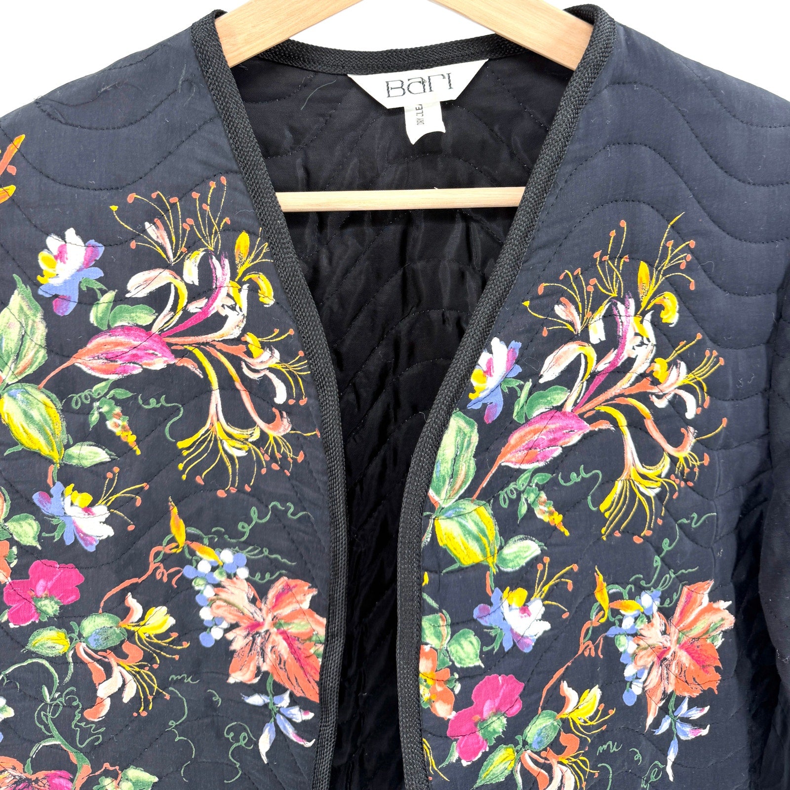 Vintage 90s Bari Black Floral Wearable Art Quilted Open Front Jacket