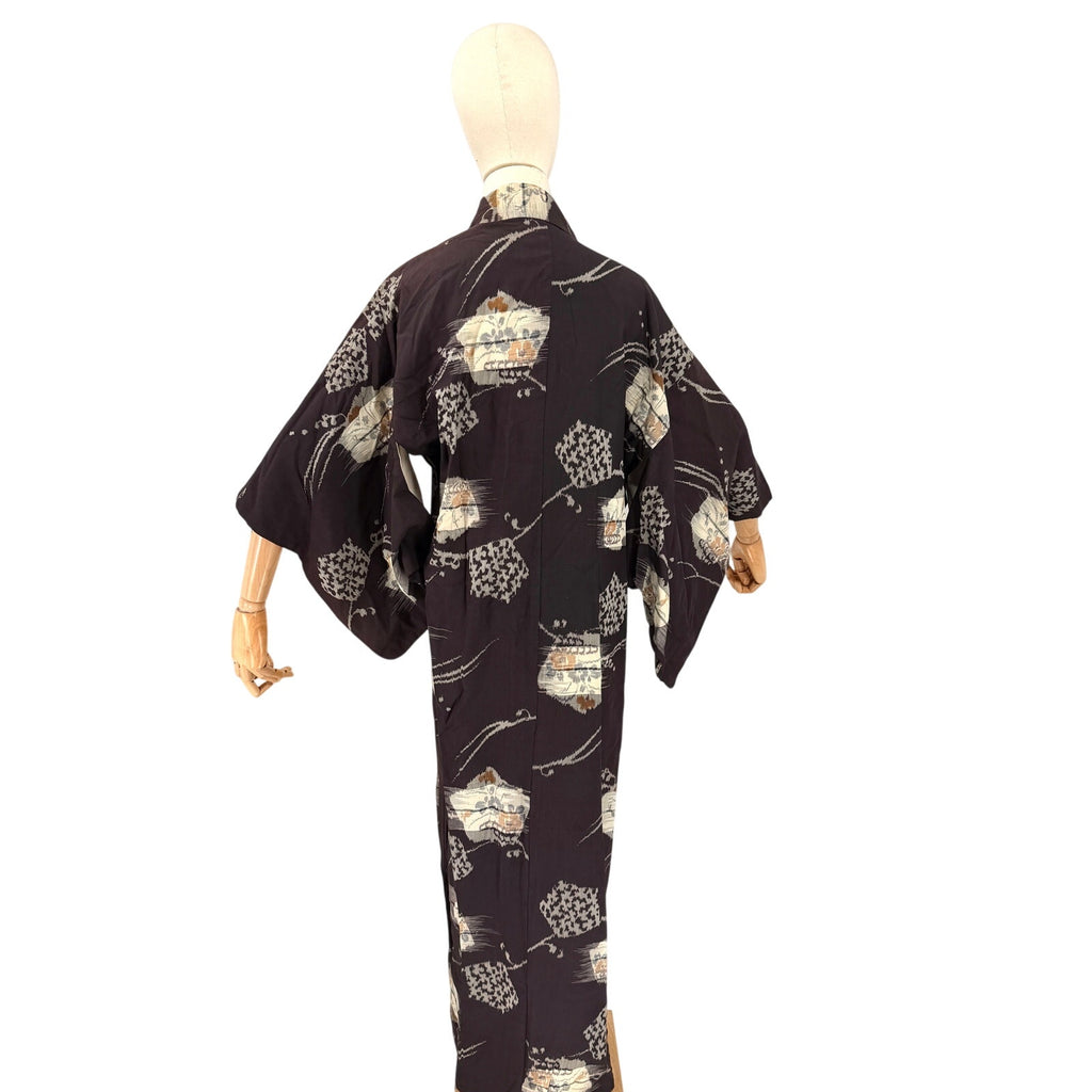 Vintage 50 Showa Era Black 100% Silk Woven Ikat Meisen Kimono Robe Gown