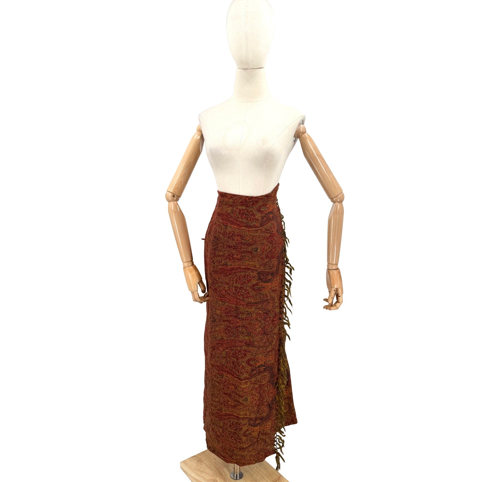 Vintage 90s Tasha Polizzi Red Olive 100% Wool Paisley Boho Wrap Skirt