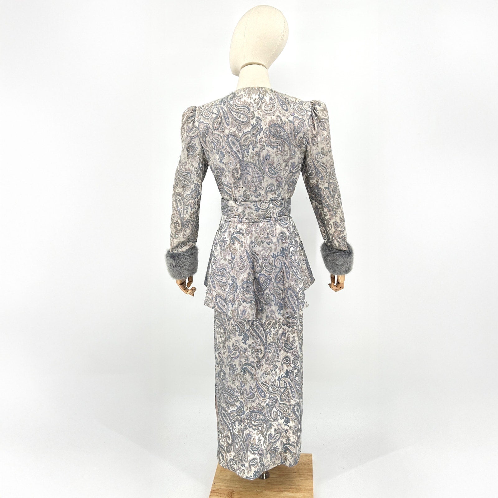 Vintage 80s Ice Blue Silver Brocade Crystal Embellished Mink Cuff Gown Dress