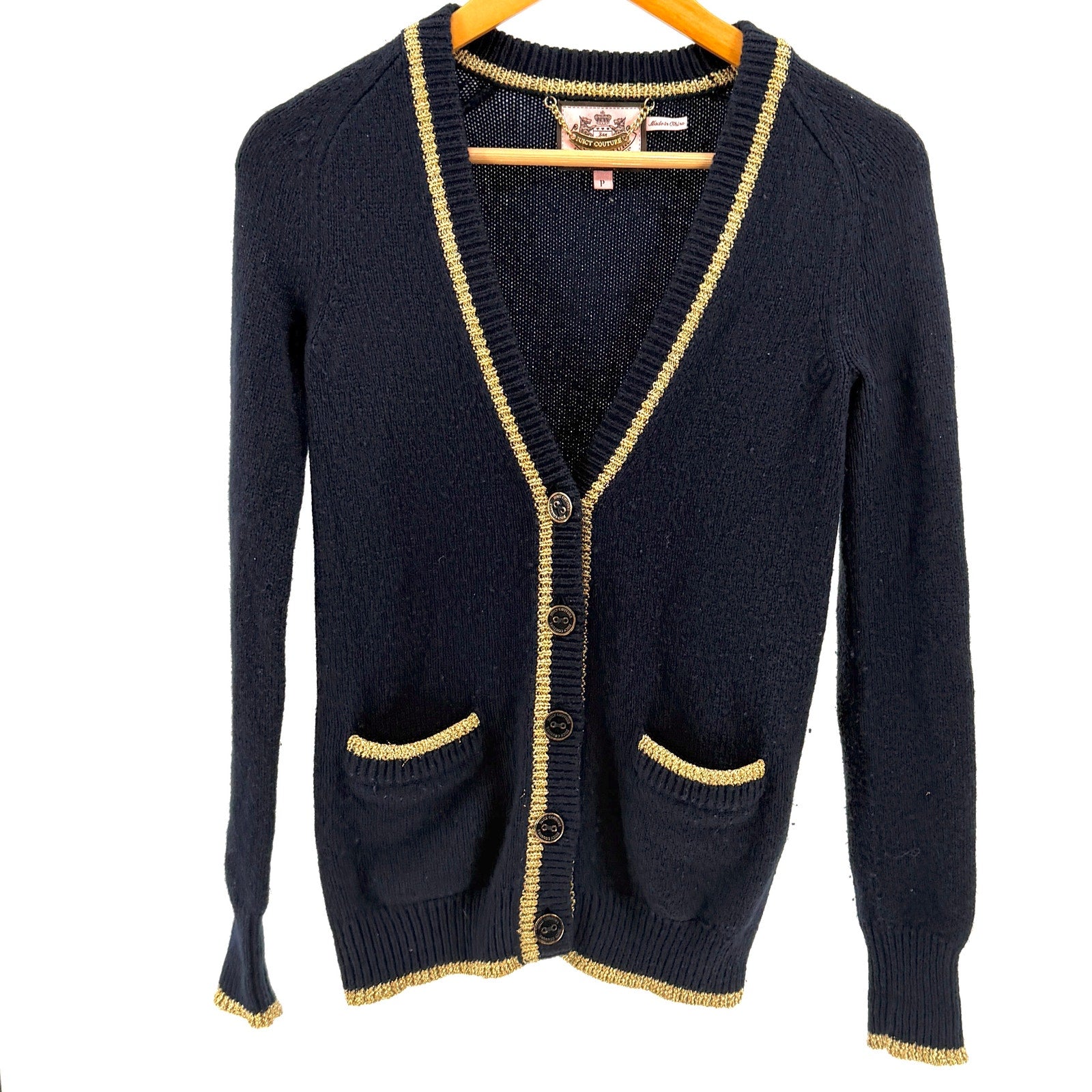 Vintage Y2K Juicy Couture Navy Blue Preppy Gold Metallic Trim Cardigan