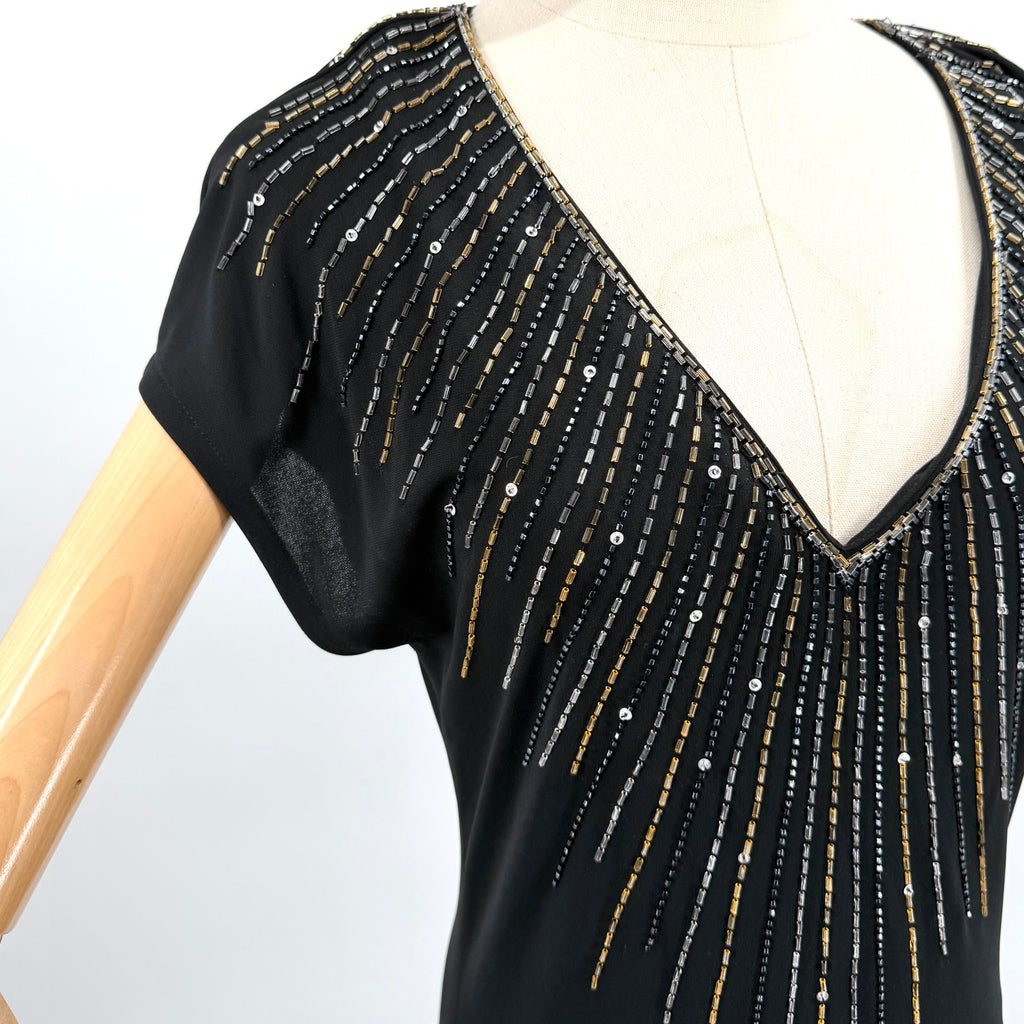 Vintage 80s Nuit Black Drop Waist Beaded Sunburst Flounce Glam Evening Dress