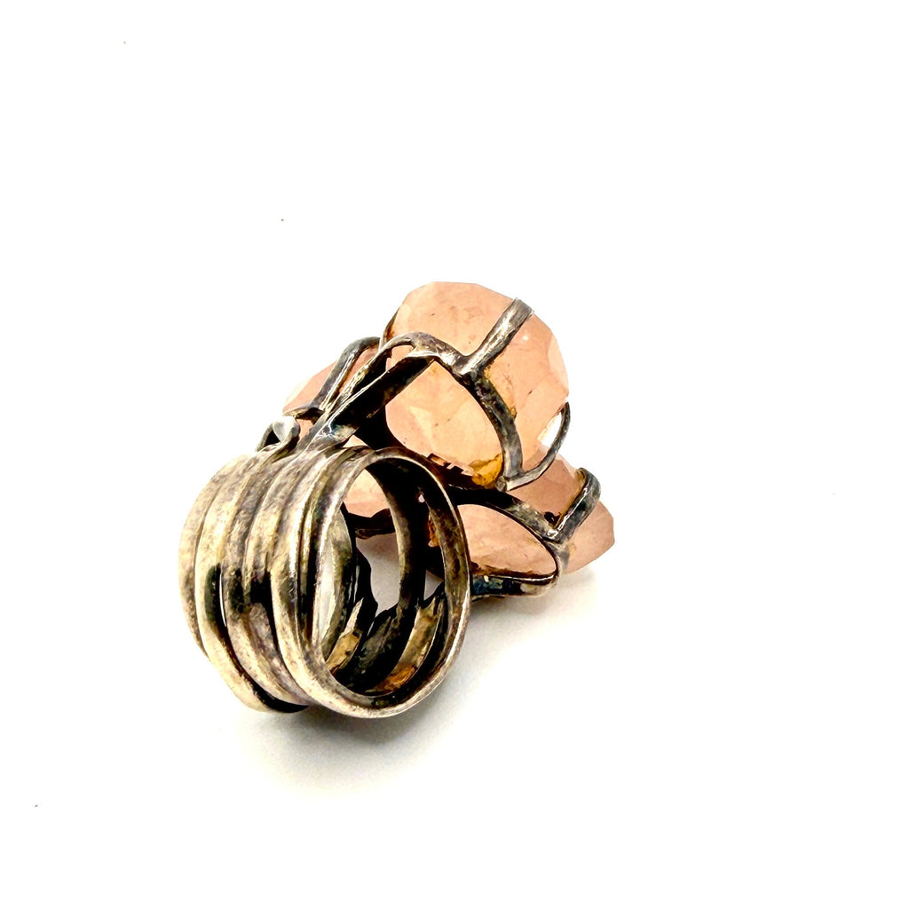 Vintage 90s Sterling Silver Rose Quartz Triple Cluster Statement Ring