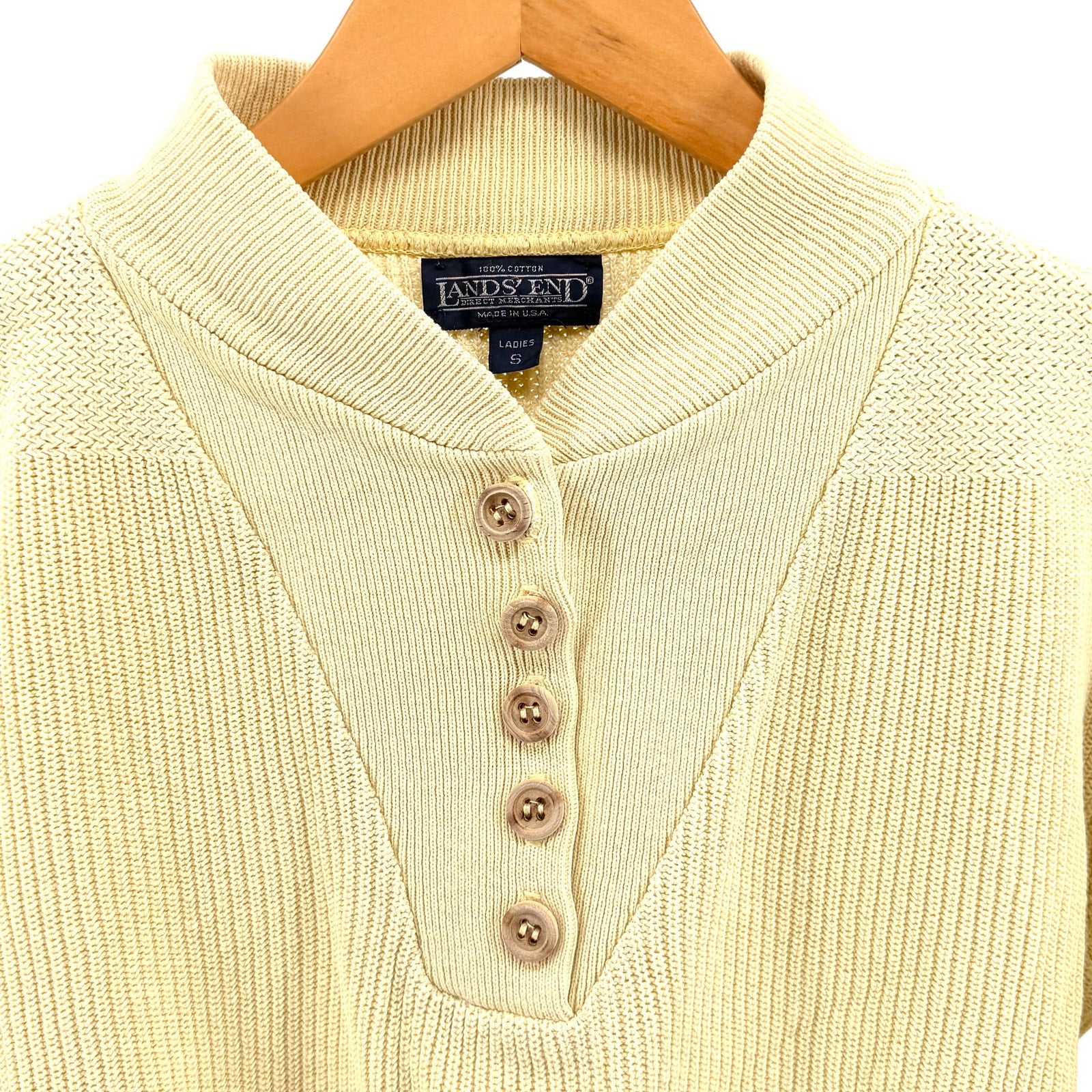 Vintage 90s Lands' End Pastel Yellow 100% Cotton Henley Knit Sweater