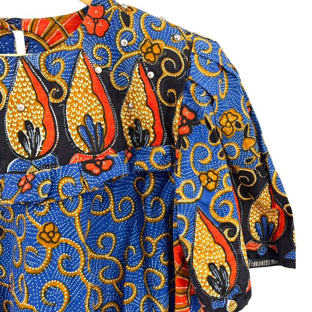 Vintage Y2K Handmade Blue 100% Cotton Afrobohemian Studded Top Midi Skirt Set