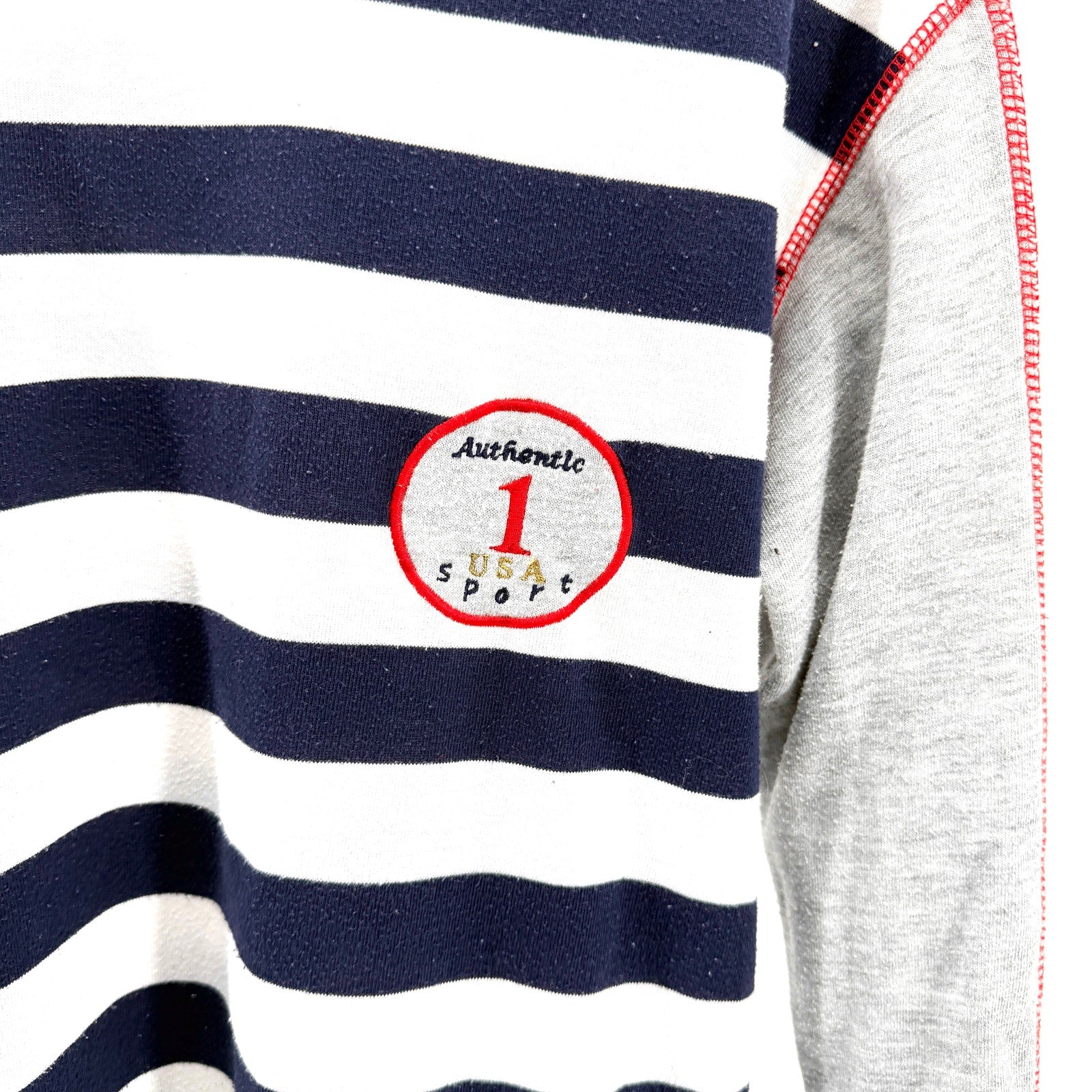 Vintage 90s Folette Navy White Stripe Red Trim Long Sleeve Sport Shirt