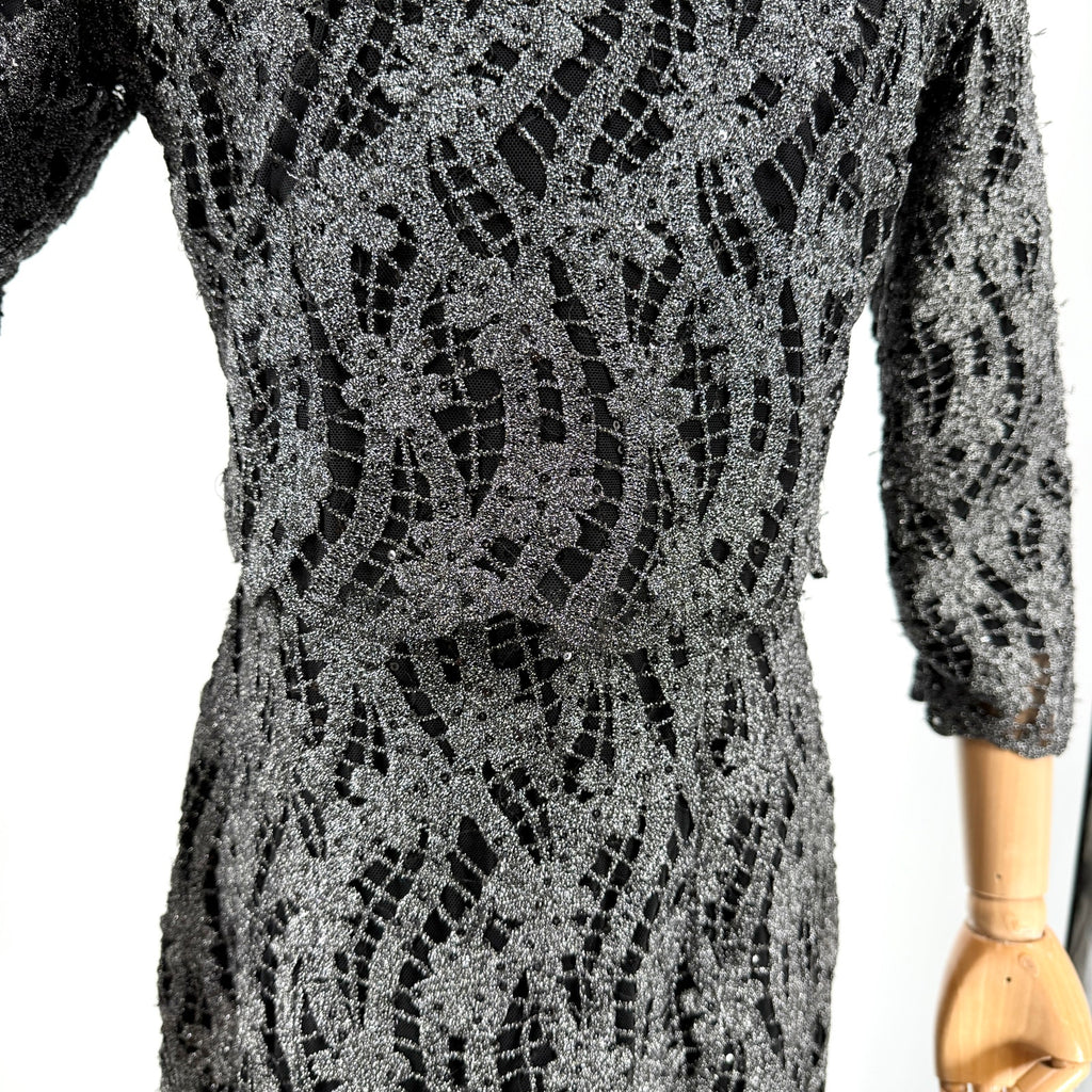 Vintage Y2K Gunmetal Black Metallic Lace Sequin Formal Evening Gown
