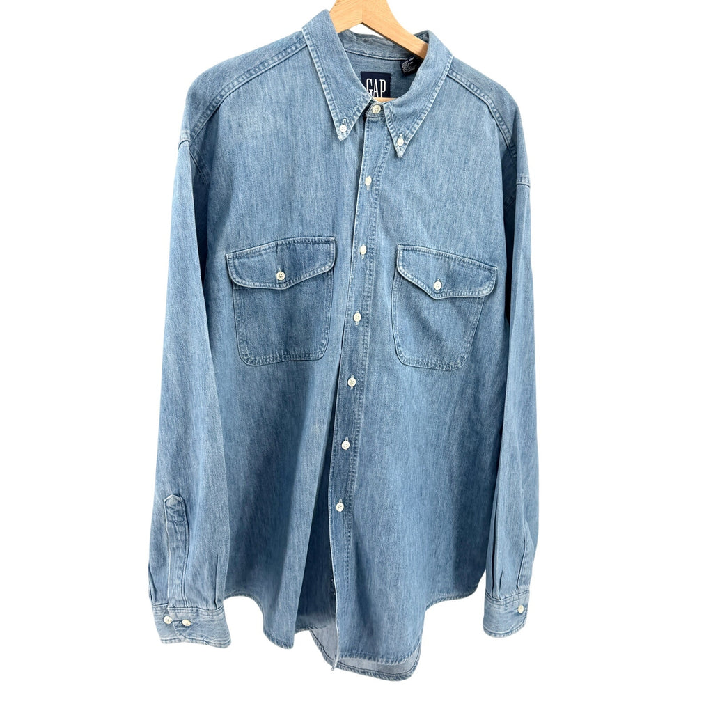 MINT Vintage 90s GAP Blue 100% Cotton Double Pocket Button Down Denim Shirt