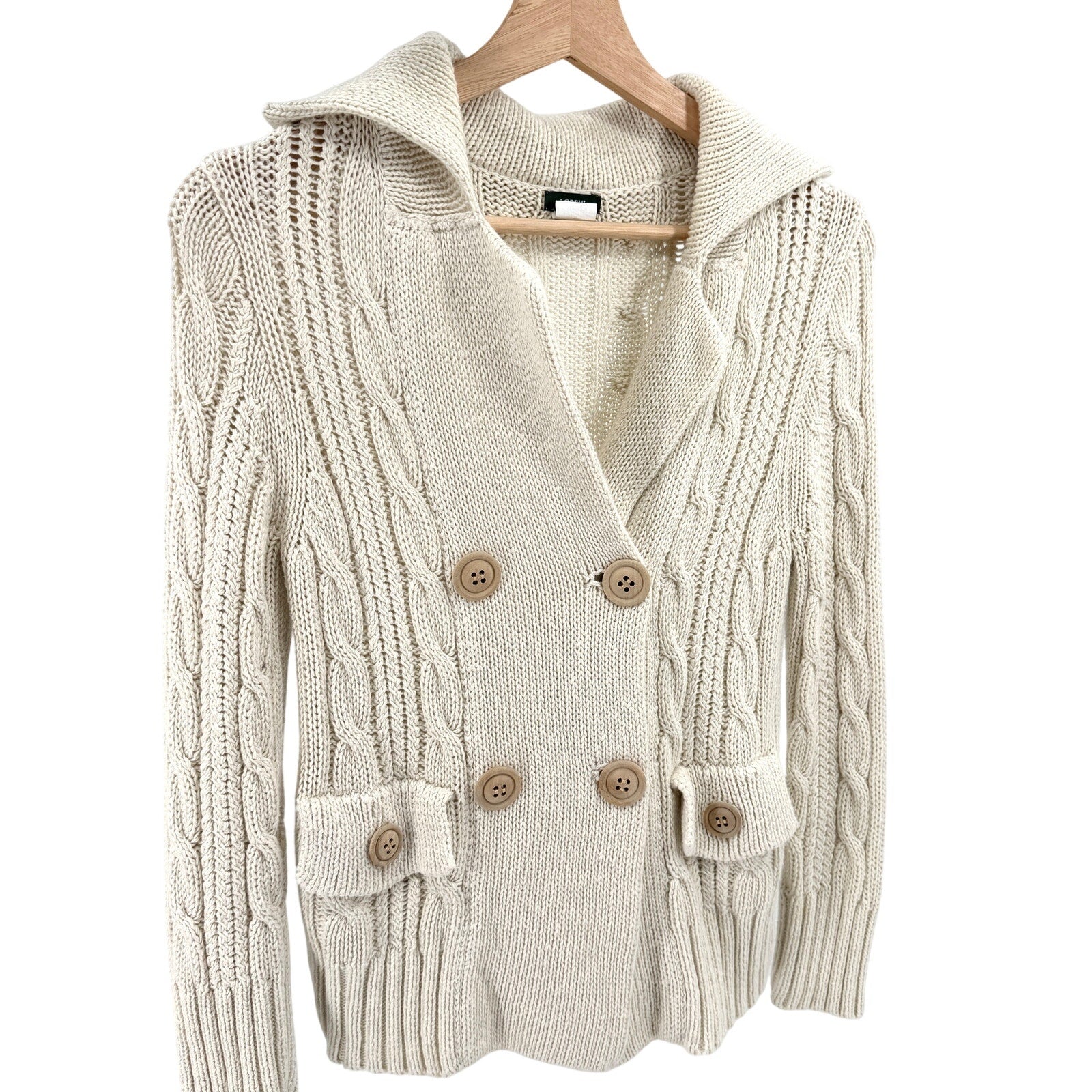 Vintage Y2K J.Crew Cream Cable Knit Shawl Collar Double-Breasted Cardigan