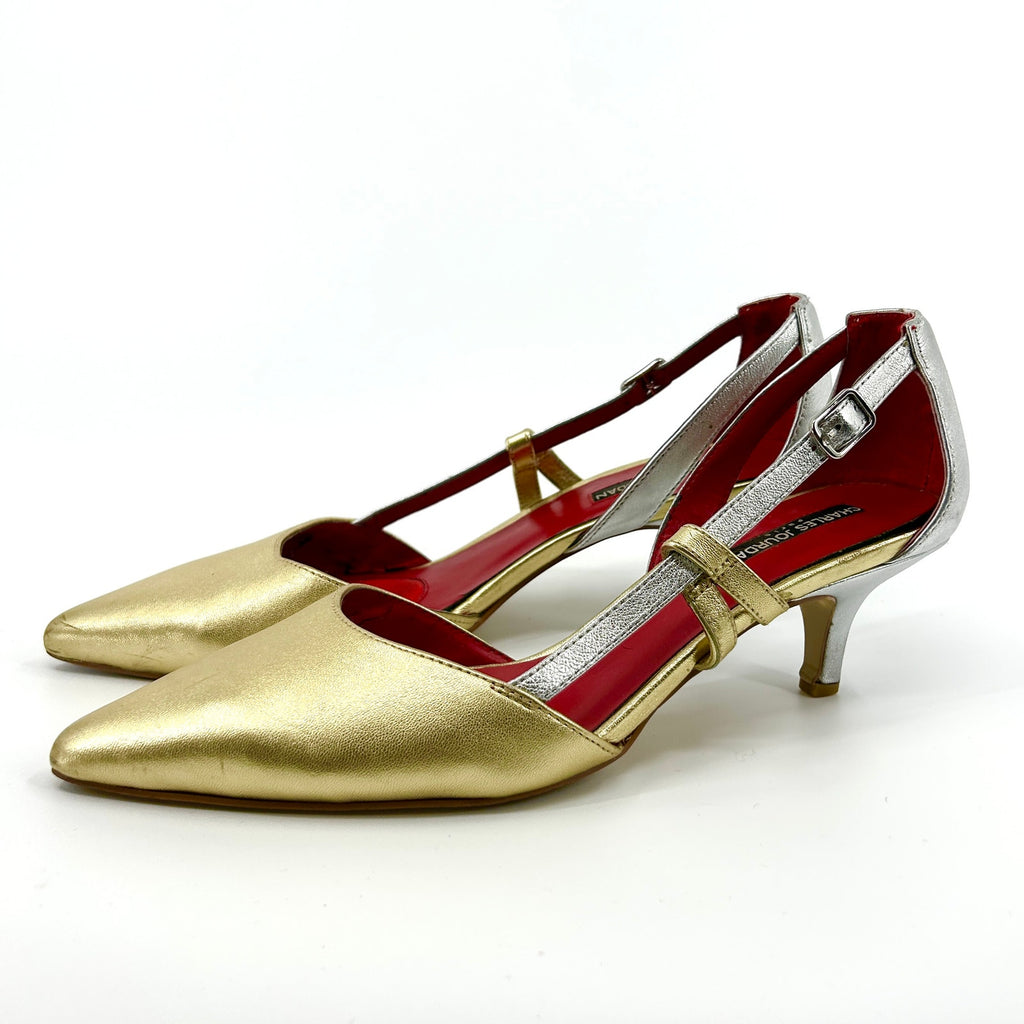 Vintage Y2K Charles Jourdan Gold Silver Leather Pointed Toe T-Strap Heels