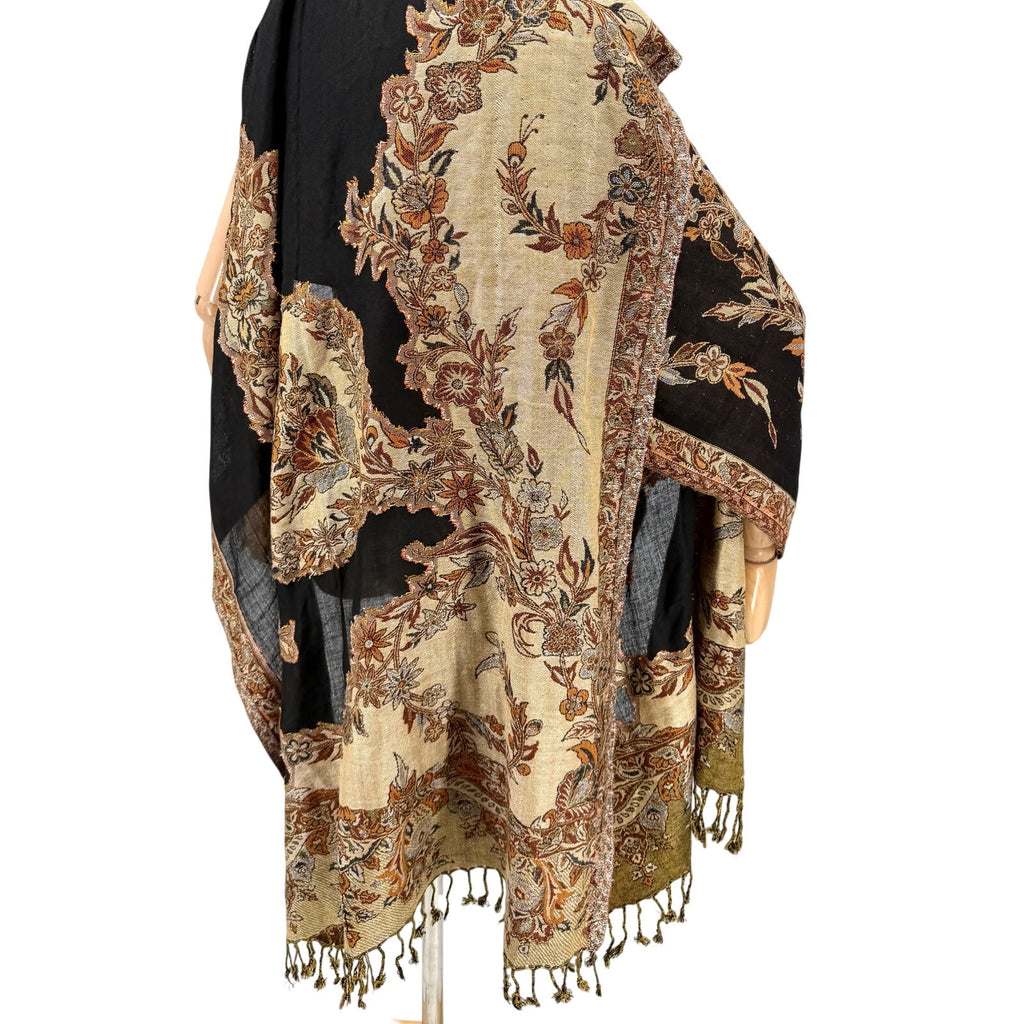 Black Brown Woven Jacquard Paisley Floral Fringe Wrap Shawl