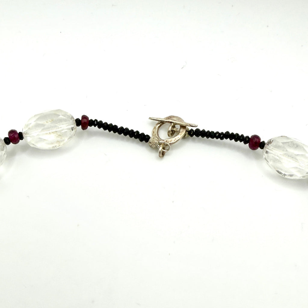 Vintage 90s Clear Quartz Garnet Sterling Silver Toggle Necklace