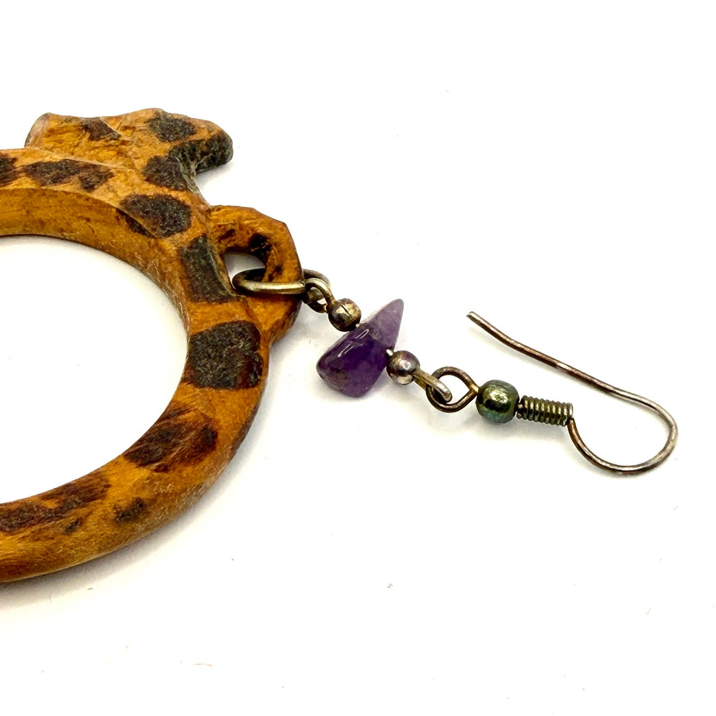 Vintage 80s Brown Carved Wood Giraffe Amethyst Hoop Earrings