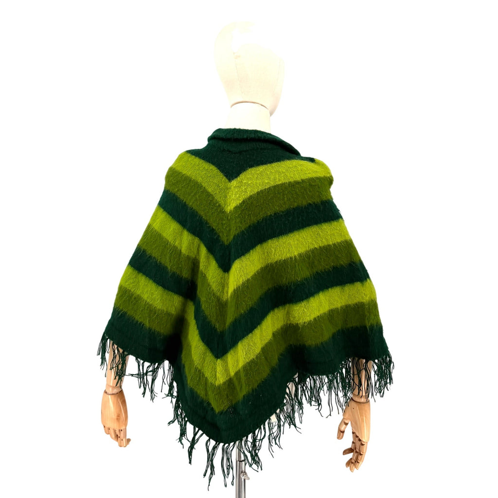 Vintage 70s Green Chevron Striped Acrylic Knit Fringe Poncho Cape