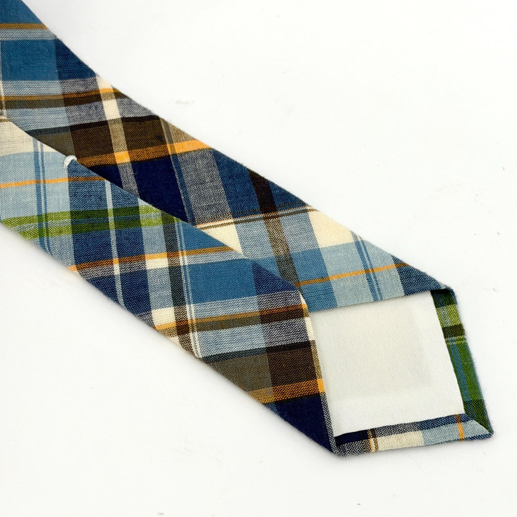 Blue White 100% Cotton Tartan Plaid Skinny Necktie Made In Japan