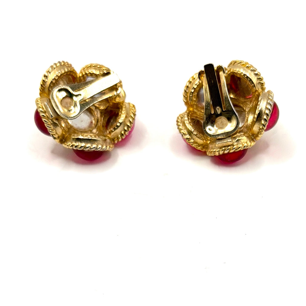 Vintage 80s Pink Red Glass Chunky Rope Border Clip On Cluster Earrings