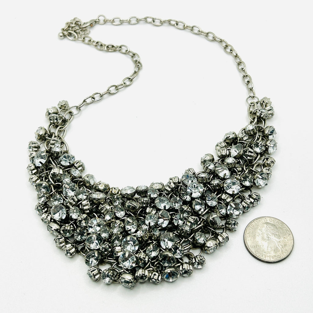Y2k Silver White Rhinestone Crystal Chain Link Bib Glam Bling Costume Necklace