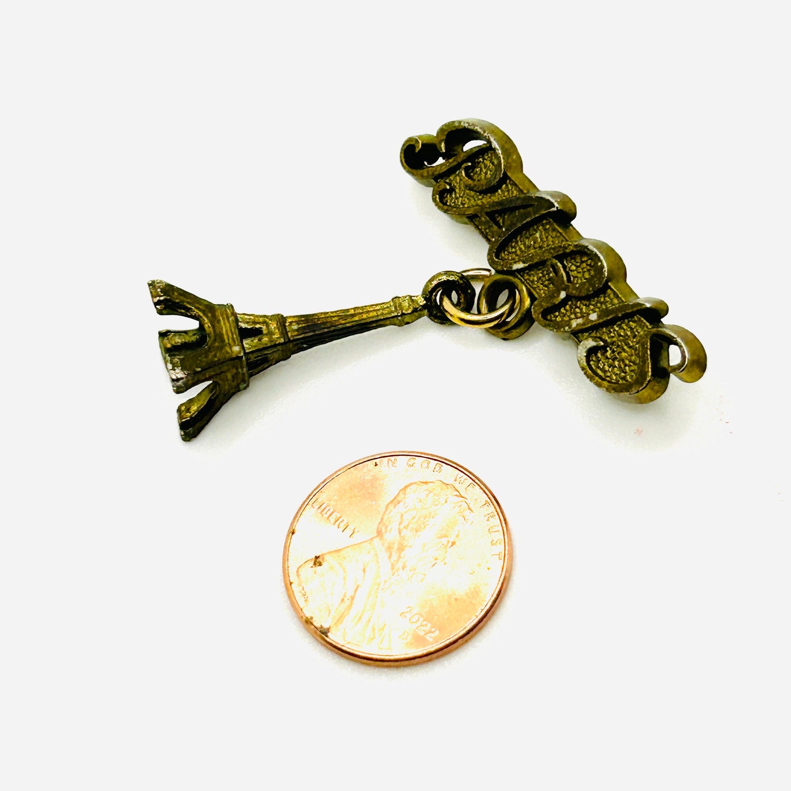 Vintage 60s Paris Eiffel Tower Gold Script Souvenir Brooch Pin