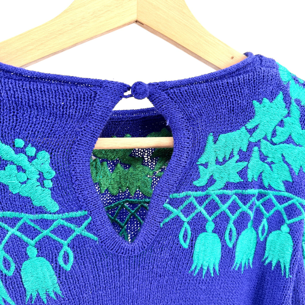 Vintage 80s Umi Collections by Anne Crimmins Blue Teal Embroidered Sweater