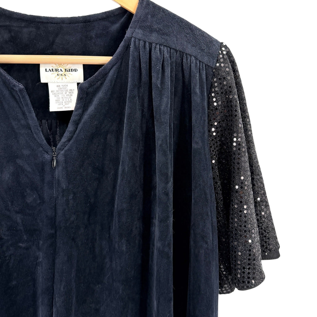 intage 80s Laura Kidd Black Sequin Flutter Sleeve Shoulder Pads Duster Robe