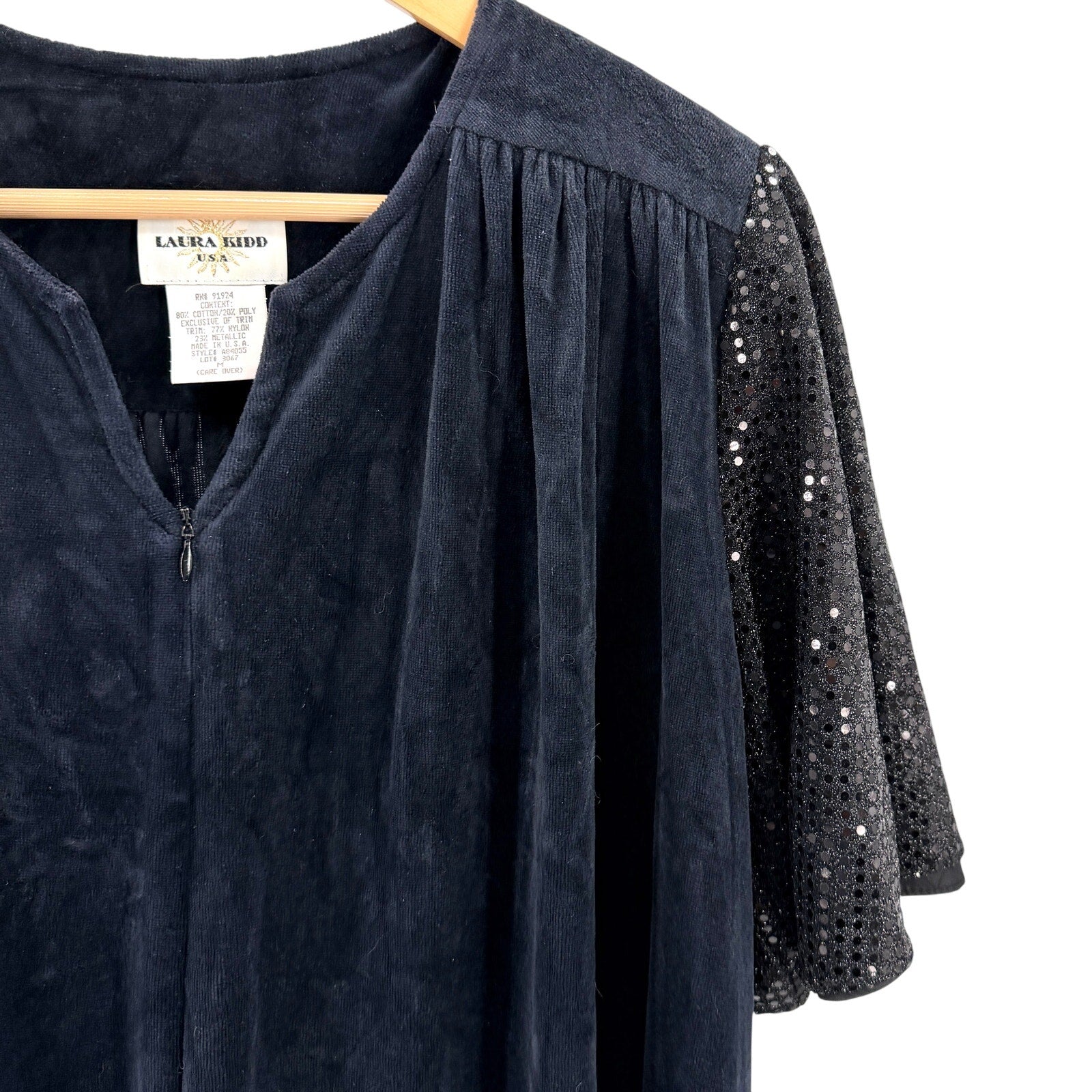 intage 80s Laura Kidd Black Sequin Flutter Sleeve Shoulder Pads Duster Robe