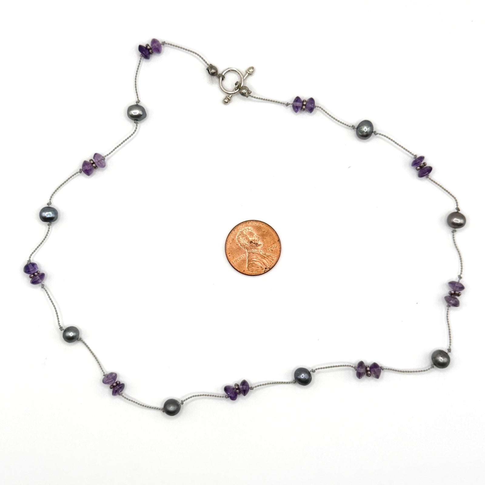 Vintage 90s Purple Grey Amethyst Pearl Tin Cup Toggle Necklace