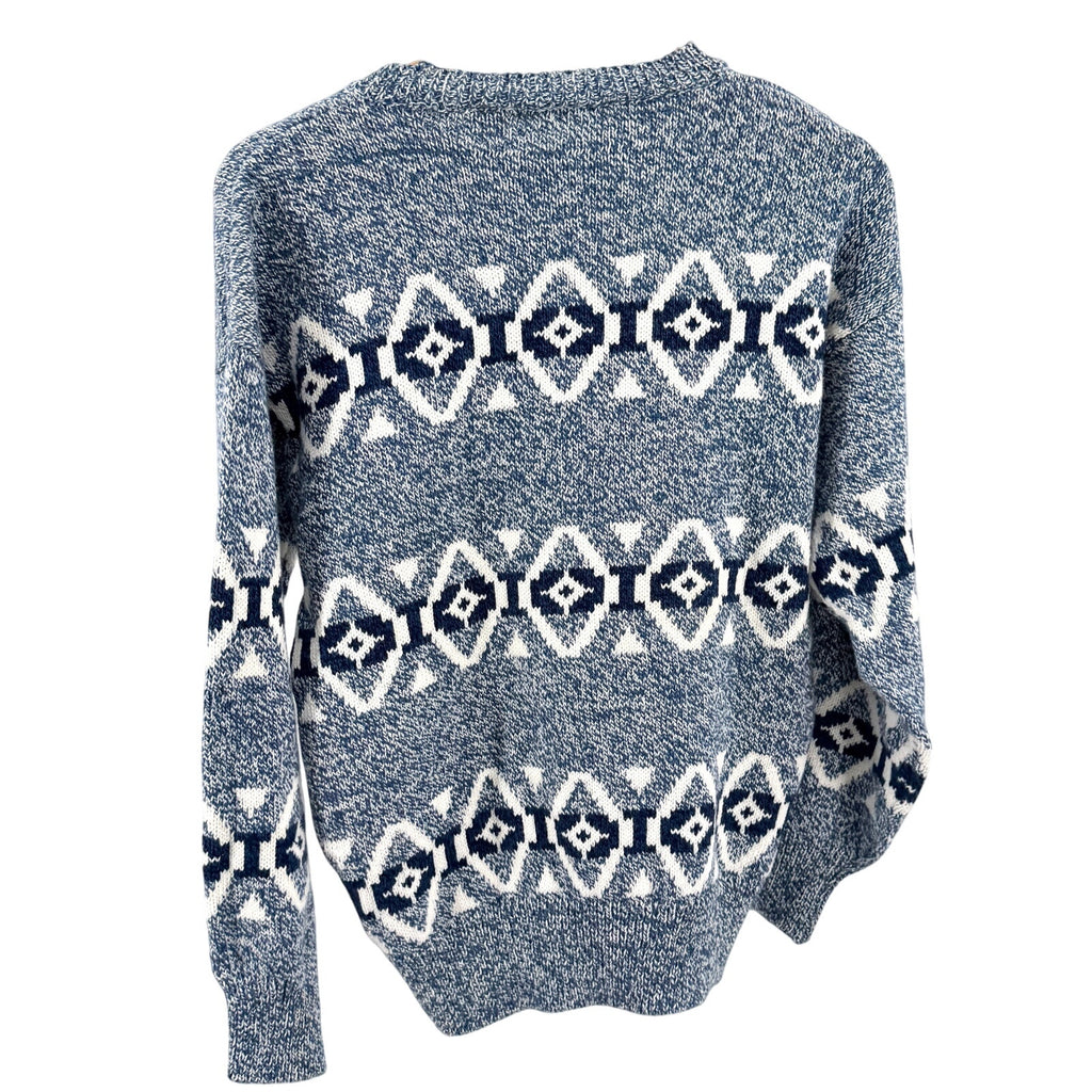 Vintage 90s Claiborne Blue 100% Cotton Geometric Fair Isle Crewneck Sweater