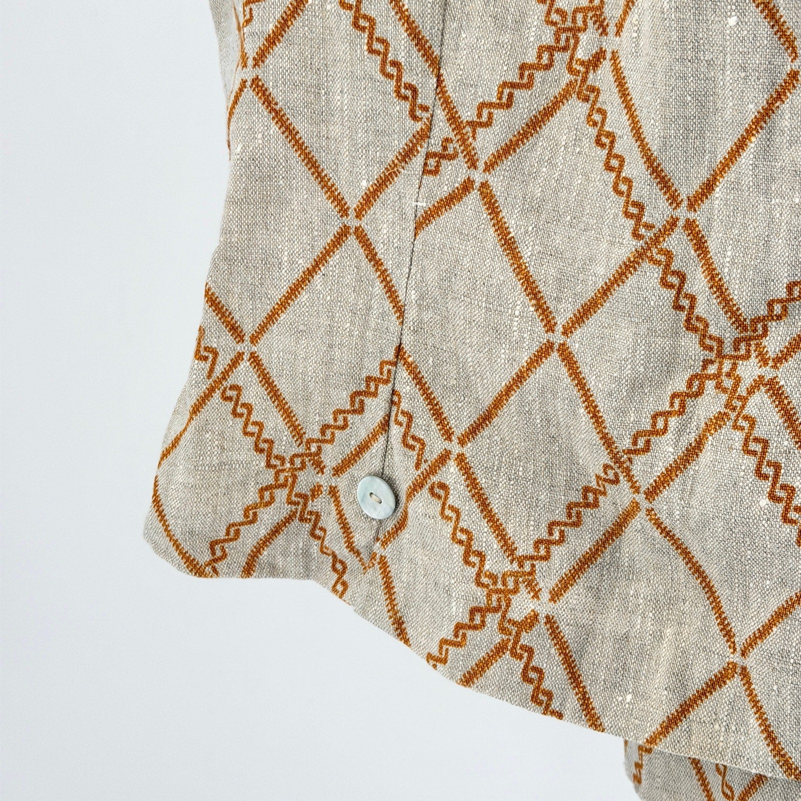Vintage 90s Handmade Beige Mustard Yellow Linen Tribal Print Skirt Blouse Set