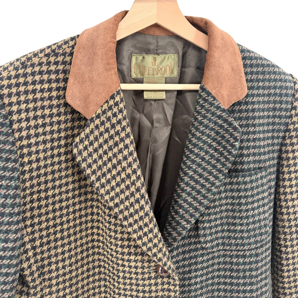 Vintage 90s JL Colebrook Tan Green Houndstooth Suede Trim Blazer