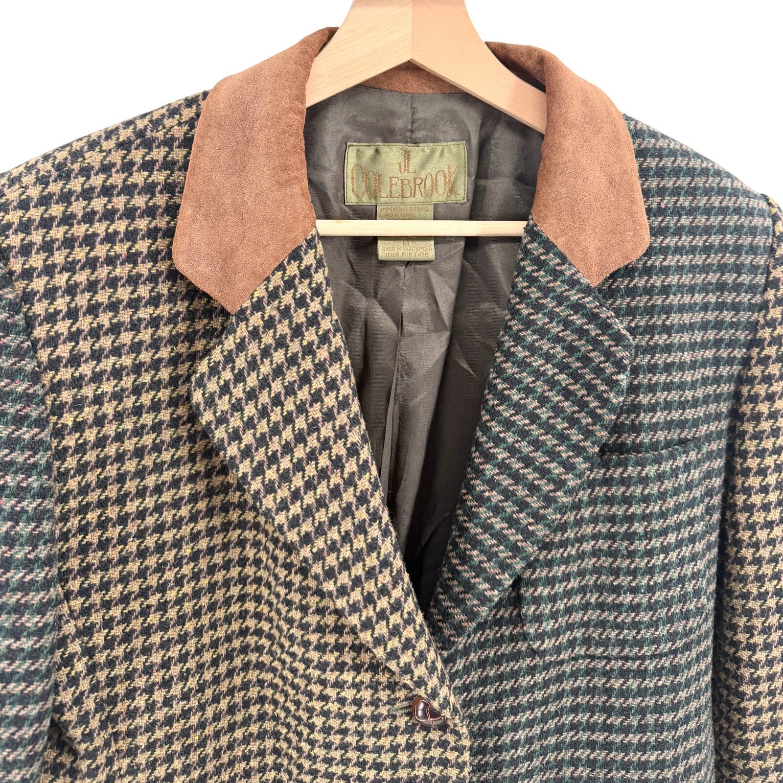 Vintage 90s JL Colebrook Tan Green Houndstooth Suede Trim Blazer