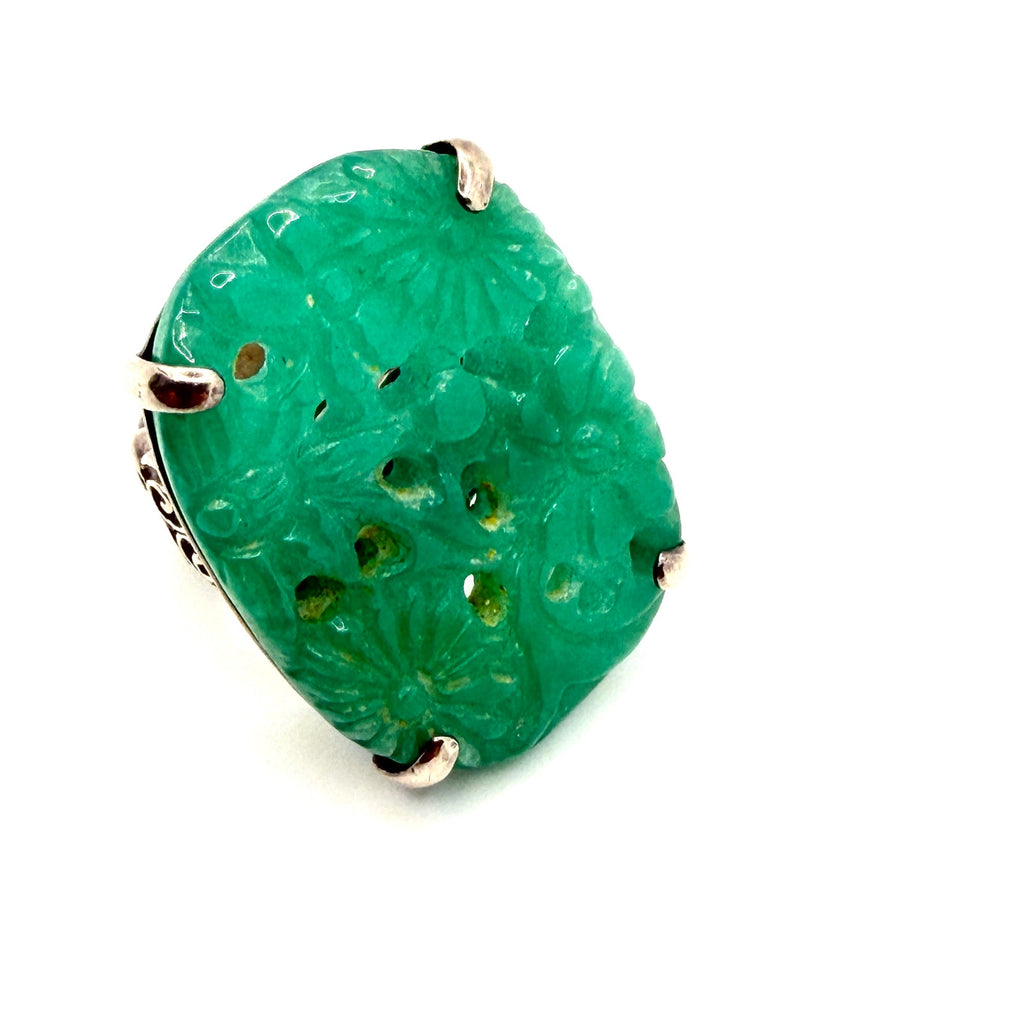 Vintage Y2K Amy Kahn Russell Signed Sterling Silver Carved Jade Statement Ring