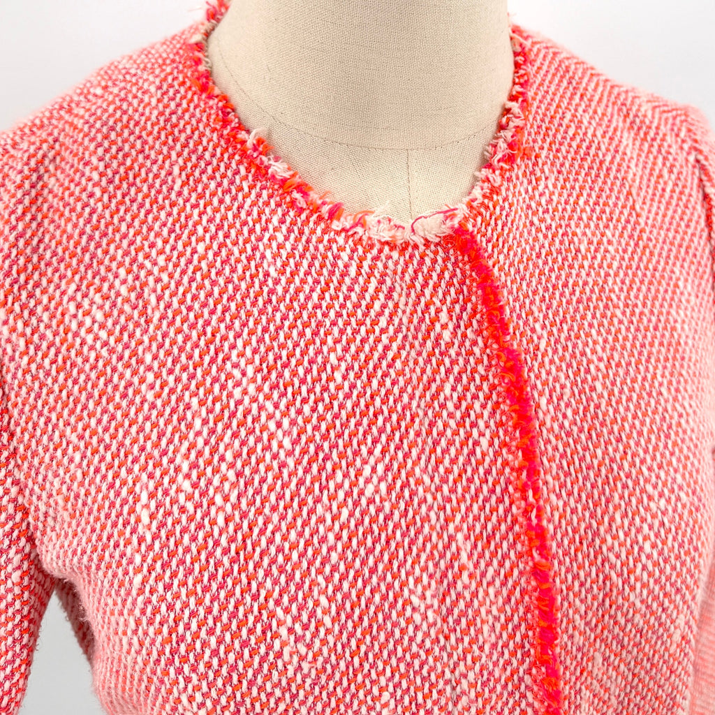 Rebecca Taylor Neon Red White Tweed Neon Fringe Moto Zipper Jacket