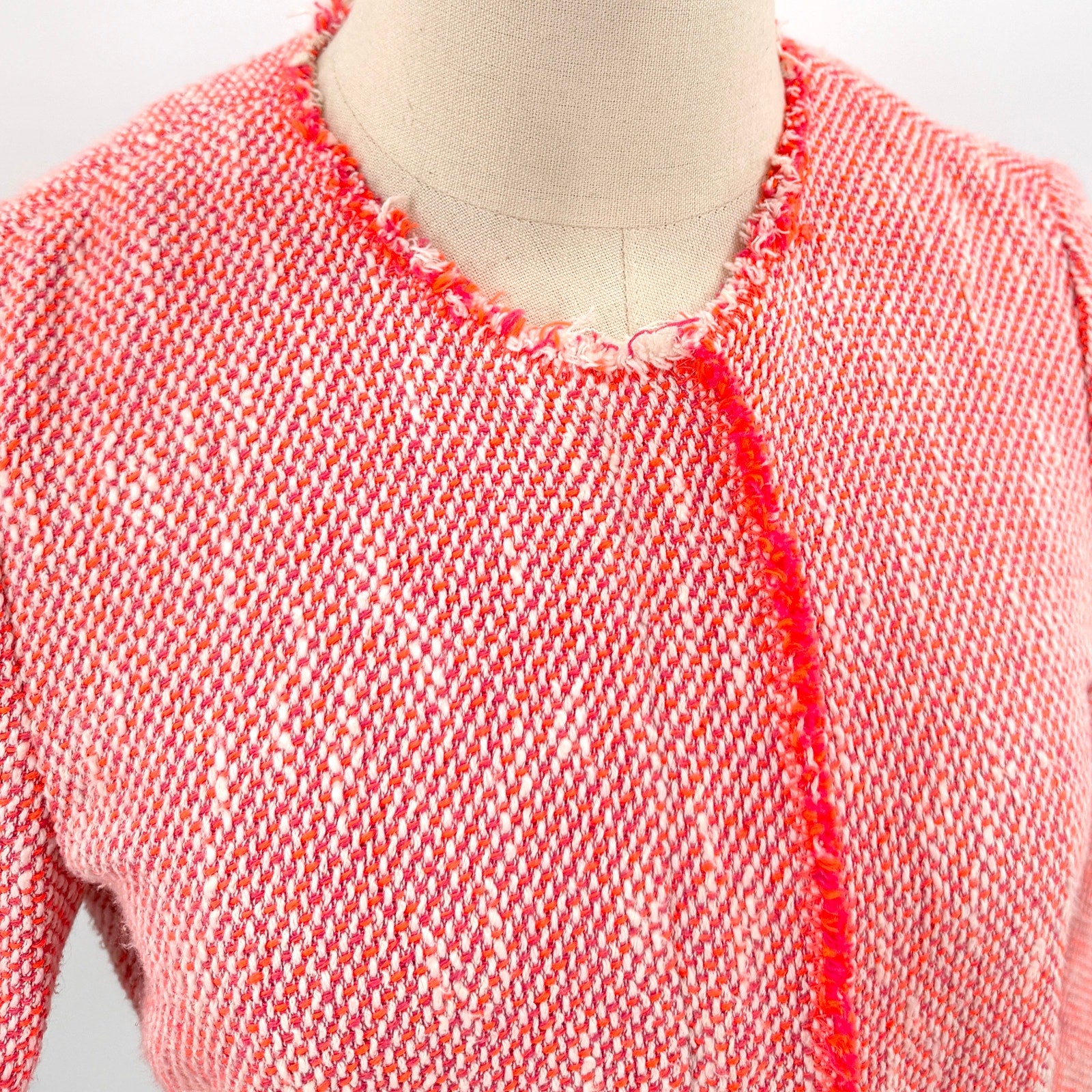 Rebecca Taylor Neon Red White Tweed Neon Fringe Moto Zipper Jacket