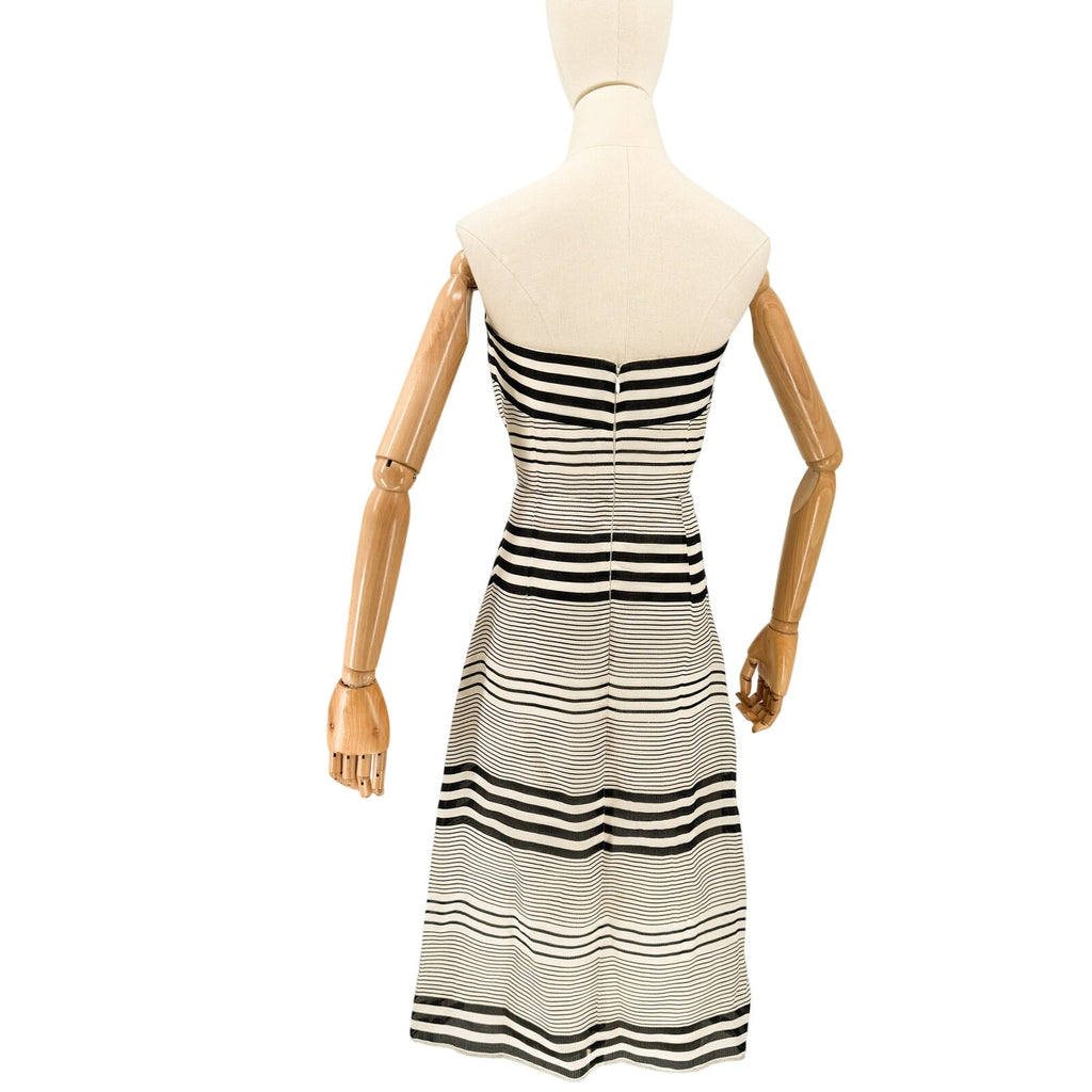 Vintage 90s Kay Unger Cream Black 100% Silk Striped Strapless Dress