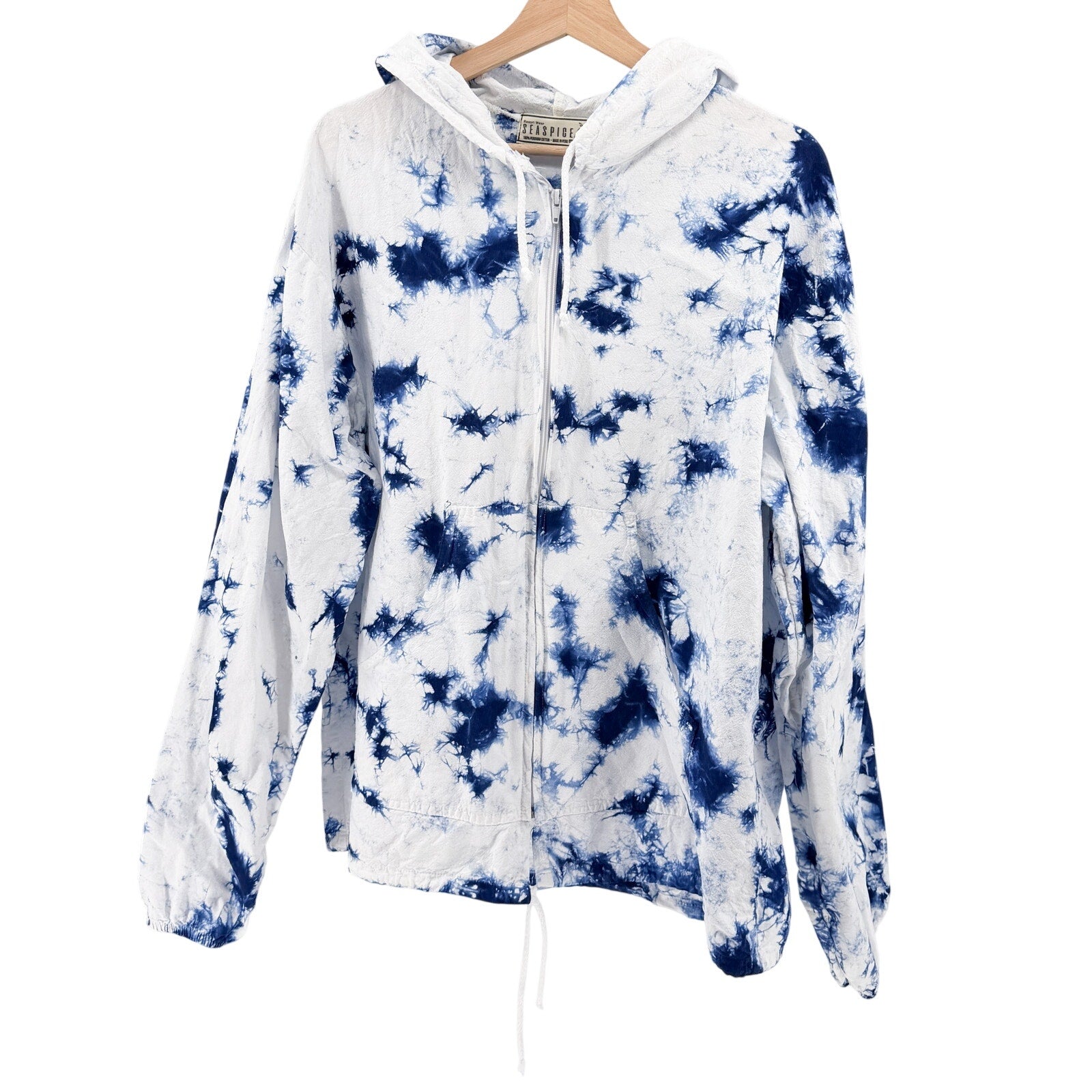 Seaspice Blue White Tie Dye 100% Cotton Hooded Zip Up Windbreaker Jacket