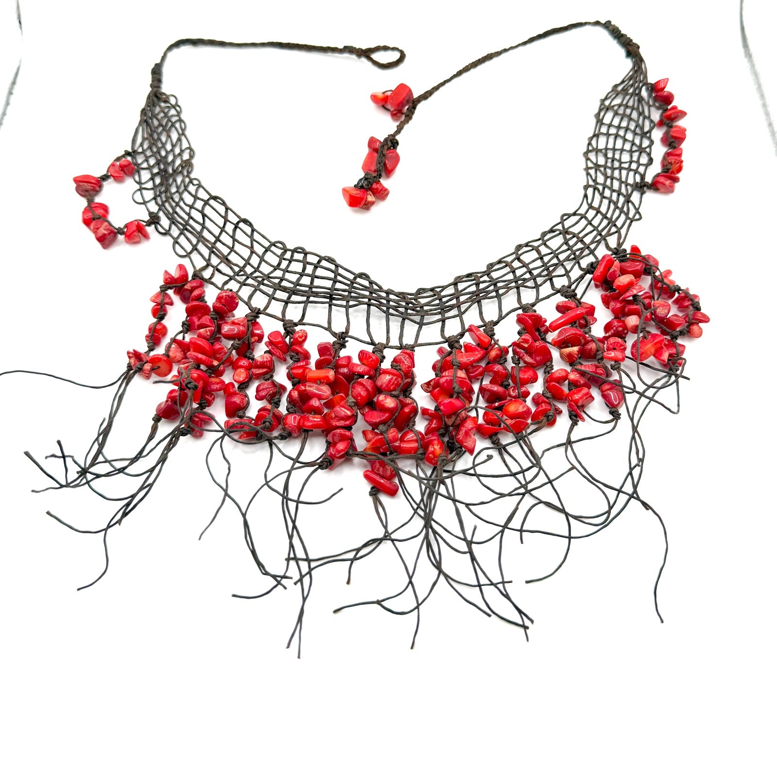 Vintage 90s Red Coral Chip Woven Macrame Mesh Fringe Statement Bib Necklace