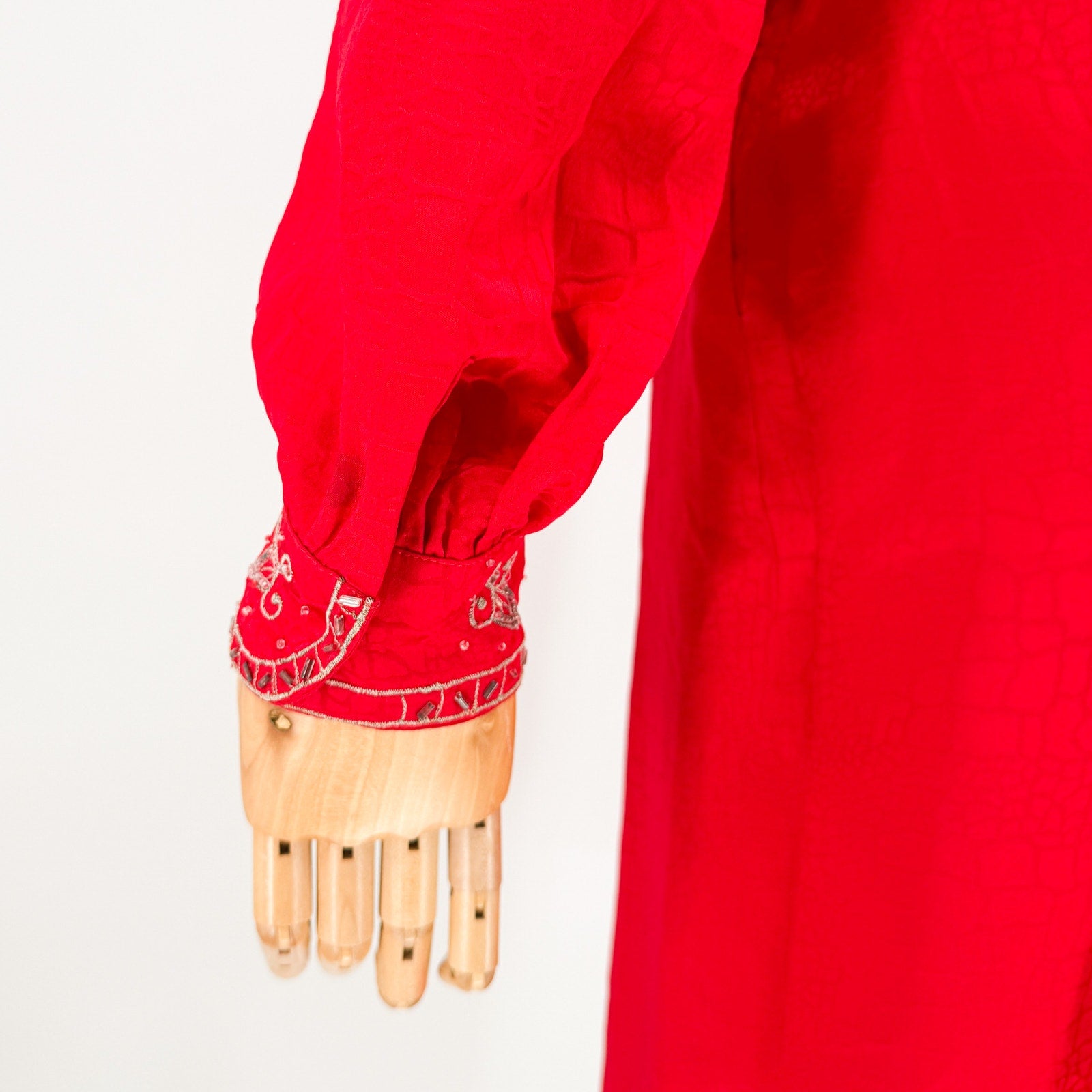 Vintage 80s Anne French Red 100% Silk Beaded Jacquard Skirt Set