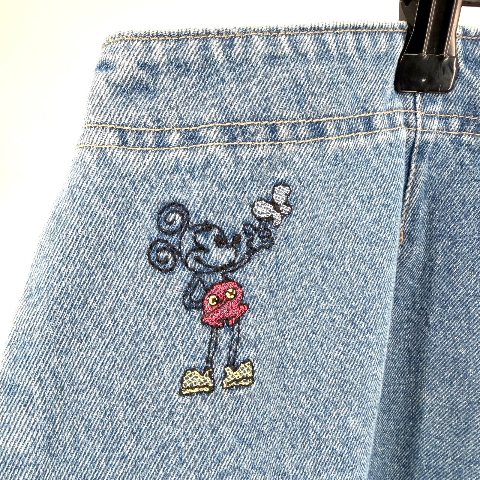 Vintage 90s Disney Store Denim Mickey Mouse Embroidered 100% Cotton Maxi Skirt