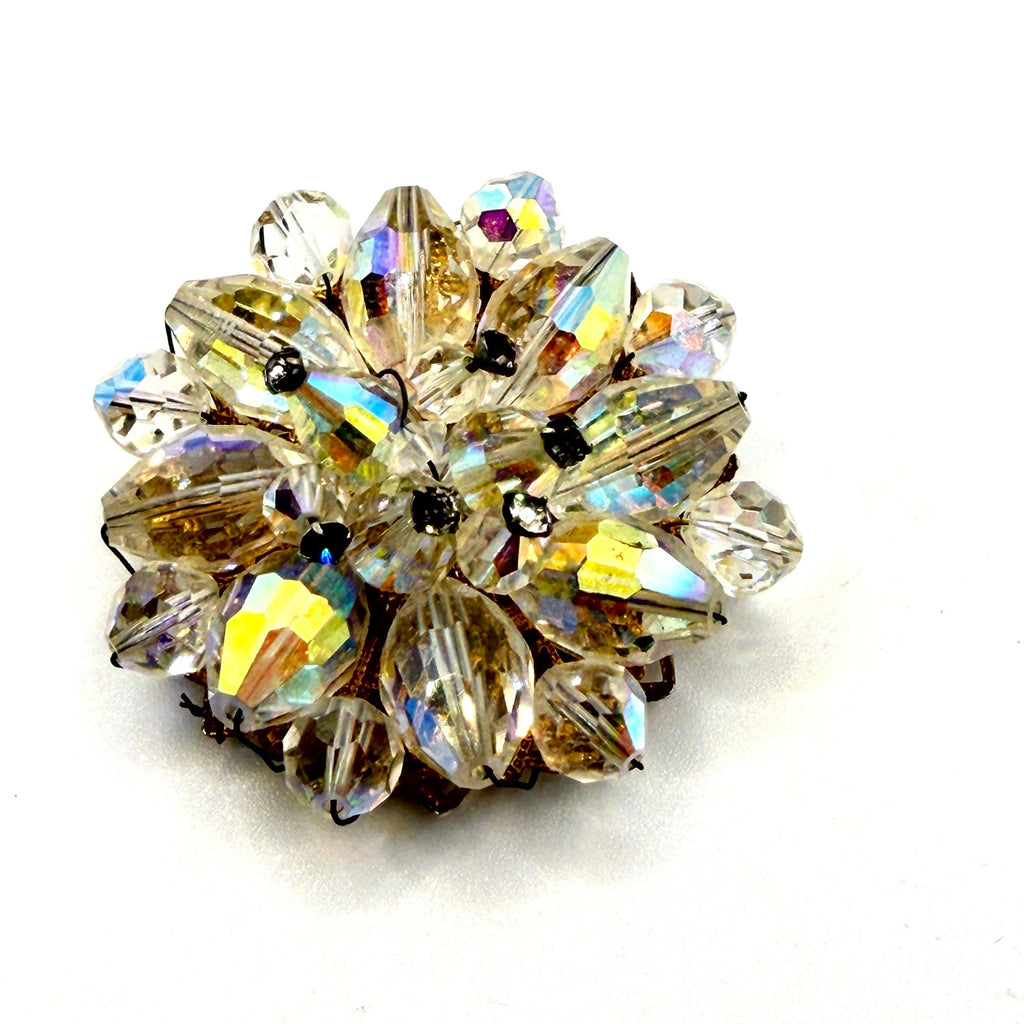 Vintage 50s Clear Aurora Borealis Crystal Glamour Wire Wrapped Cluster Brooch