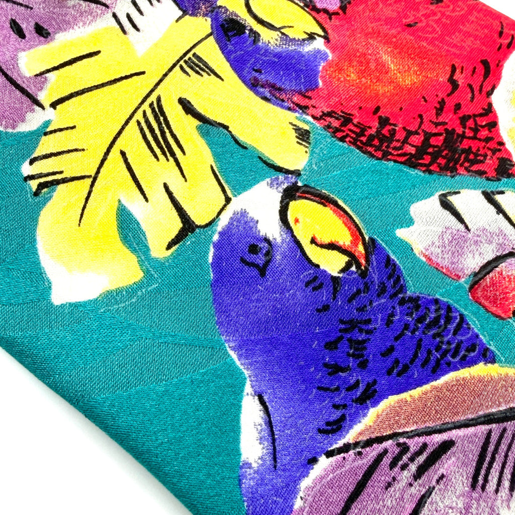 Vintage 90s Charleston Tie Rack Teal 100% Silk Tropical Parrot Print Necktie